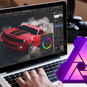 Laptop showing Affinity Photo editing a picture of a car