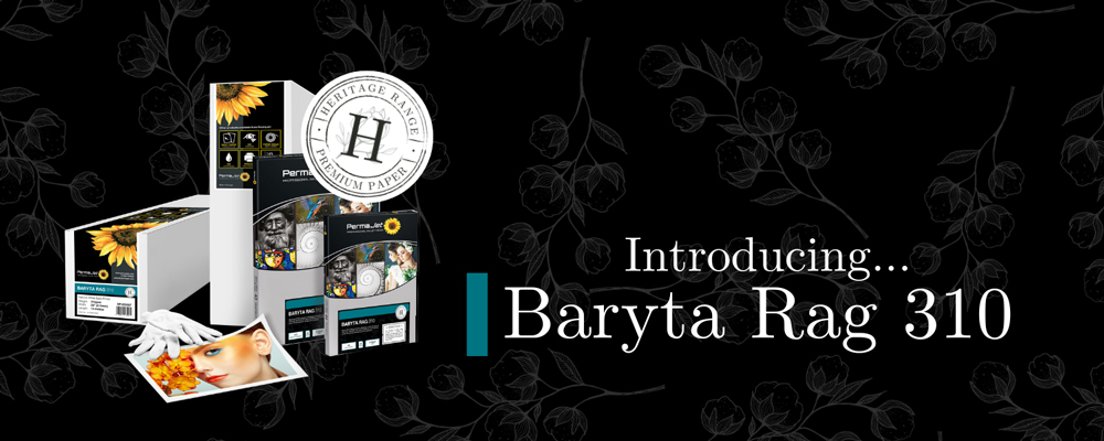 Boxes of paper with text saying Introducing Baryta Rag 310