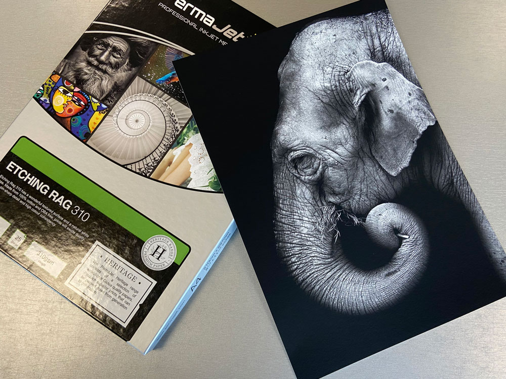 A black and white print of an elephants face, on a box of PermaJet Etching Rag