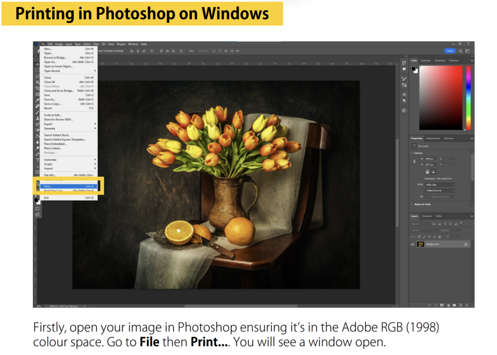 Monitor image of a vase of flowers set up in Photoshop preparing to be printed from Windows