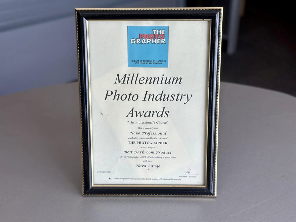 Framed copy of Nova's first award