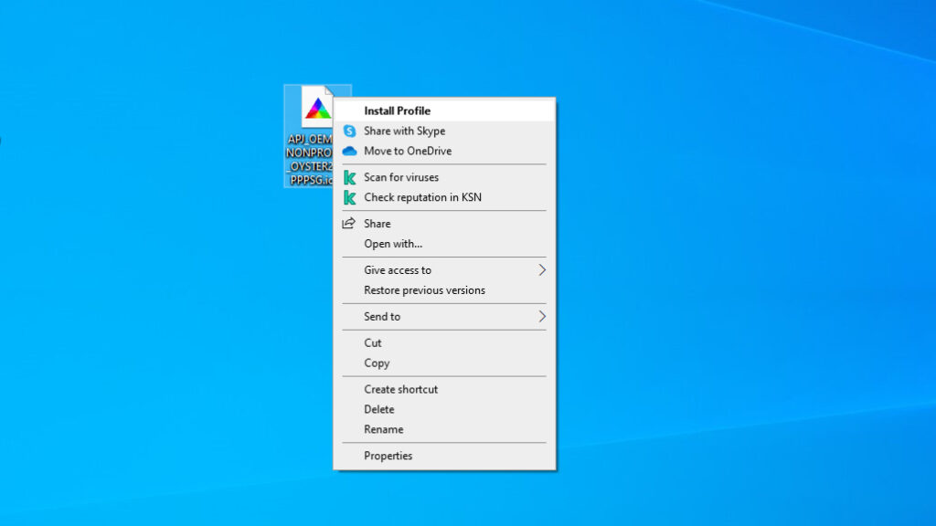 A screenshot of an ICC profile on a desktop, showing the context menu with 'Install Profile' highlighted